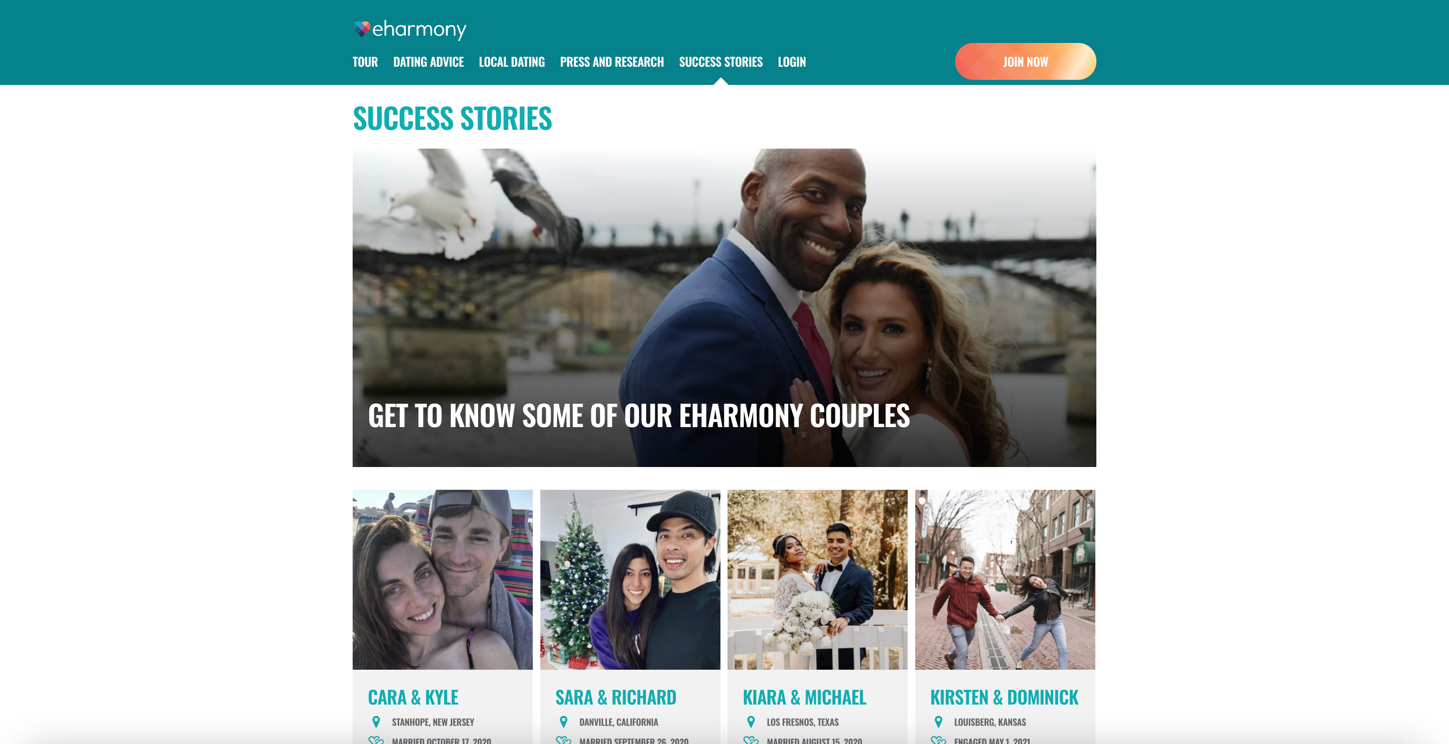 Screenshot of the eharmony success story page