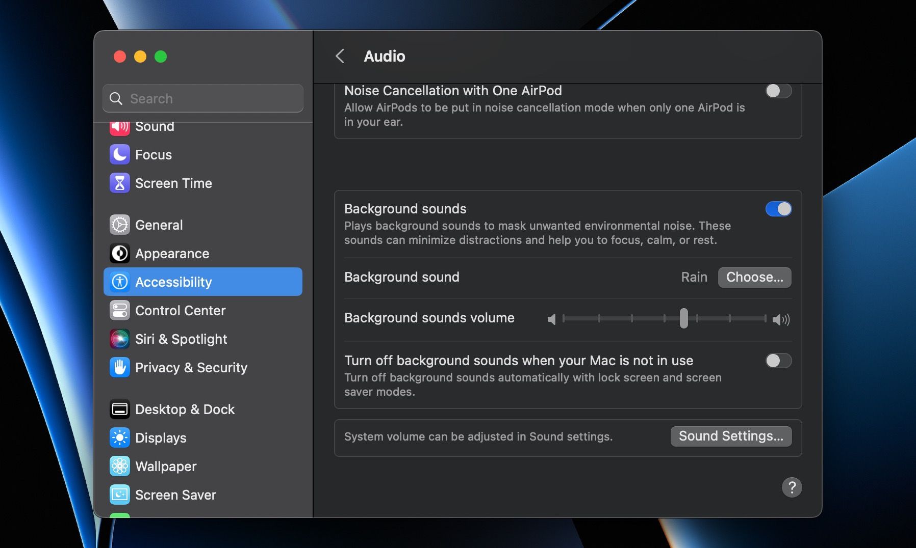 Enable the Background Sounds option in Audio accessibility settings