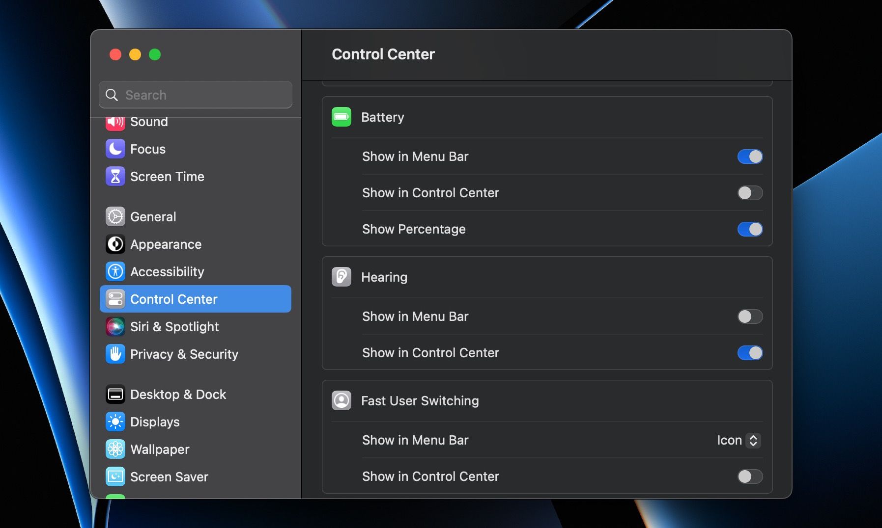 Enable Show in Control Center for Hearing in Control Center Settings on Mac