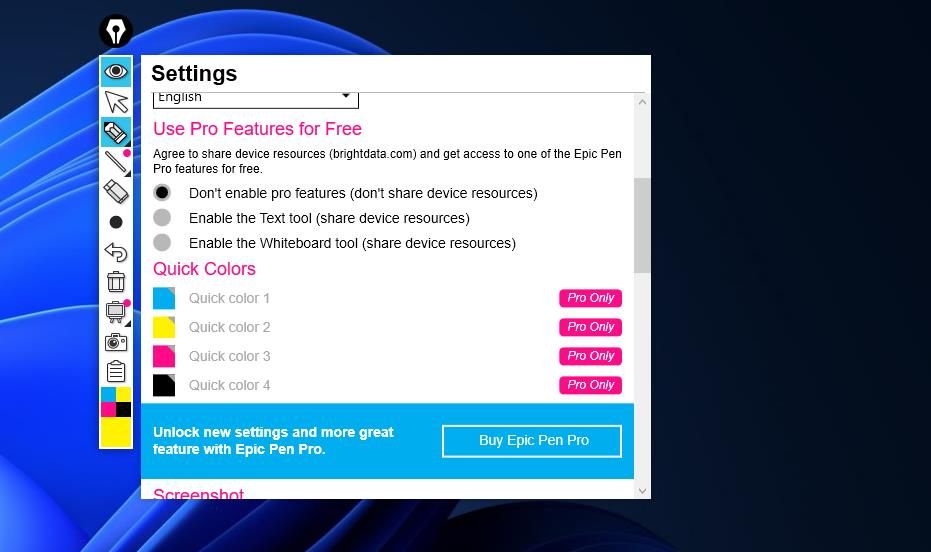 The options to enable Epic Pen Pro features