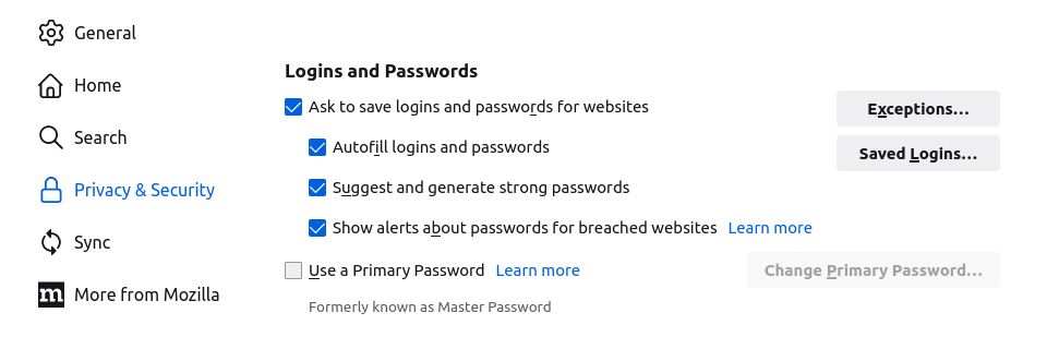 Enabling Primary Password in Firefox