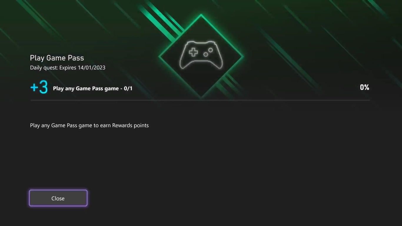 A screenshot of an example Xbox Game Pass quest on Xbox Series X