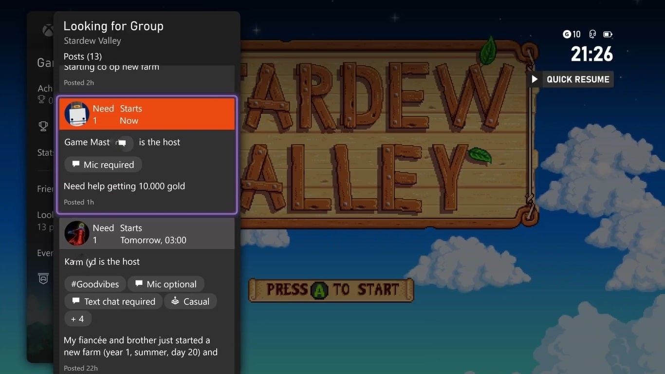 A screenshot of the Looking for Group available social posts for Stardew Valley on Xbox Series X