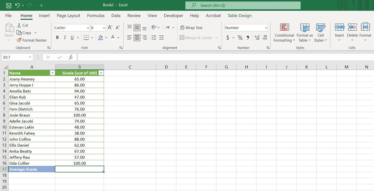 Serangkaian nilai dalam spreadsheet Excel