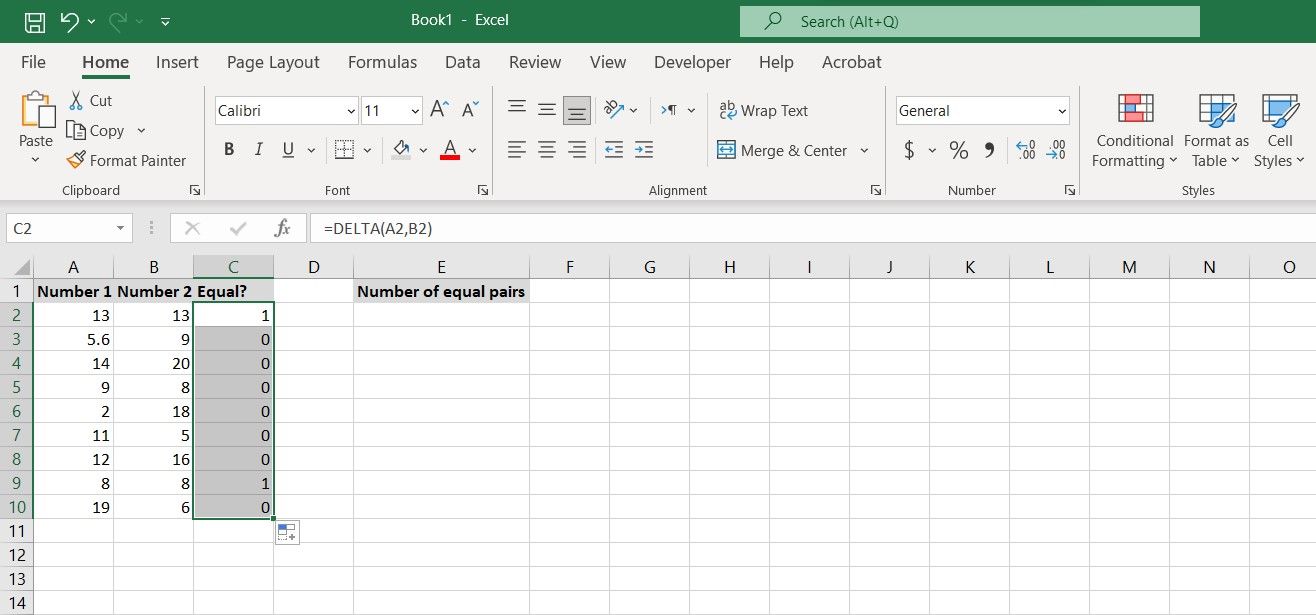 DELTA function in Excel showing whether multiple pairs are equal or not