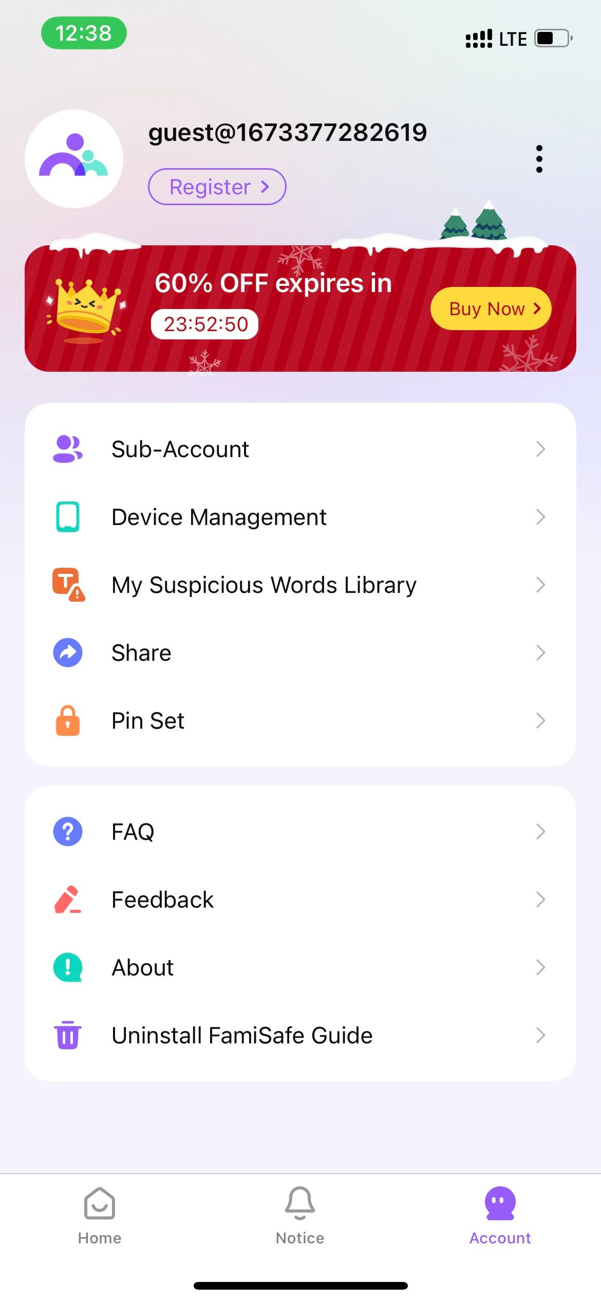 Profile and app settings in Famisafe iOS app