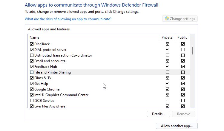 Windows firewall settings