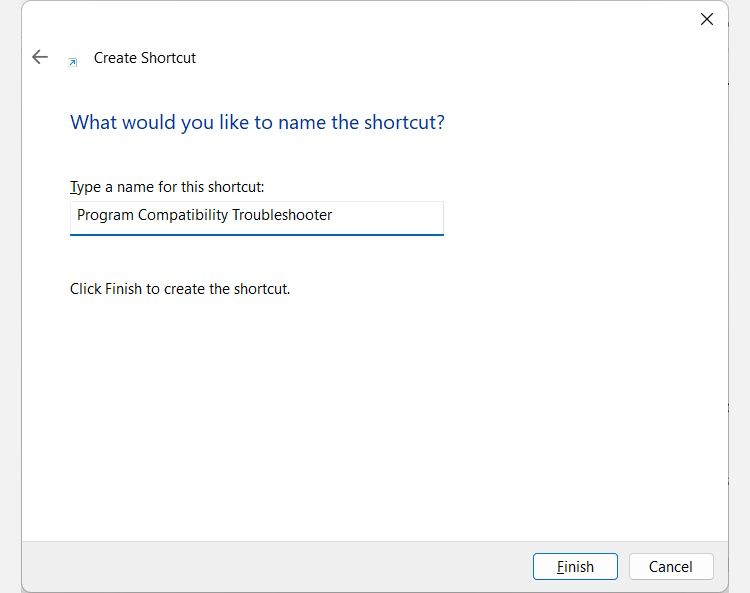 naming the shorcut for the Program Compatibility Troubleshooter in the Create Shortcut wizard on Windows 11