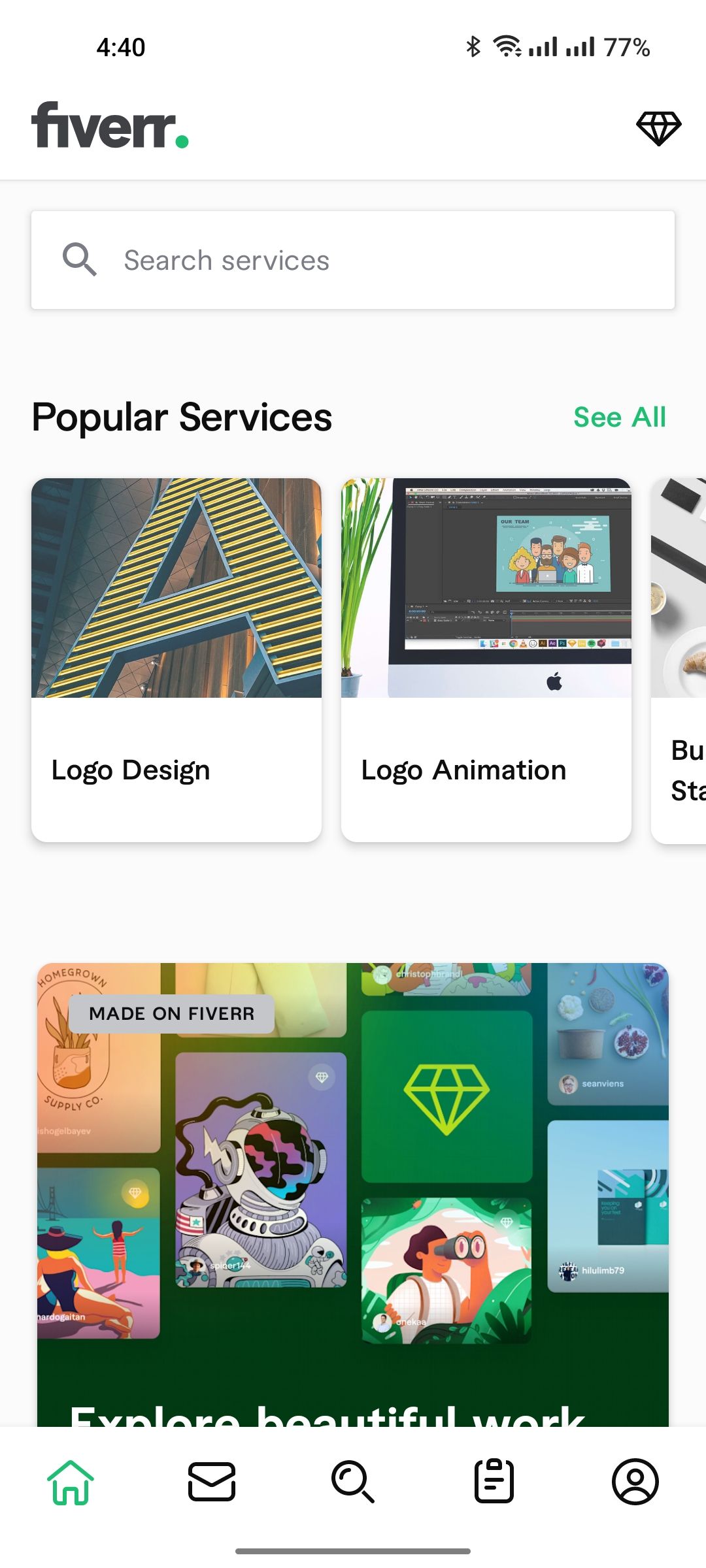 داشبورد Fiverr با لیستی از خدمات