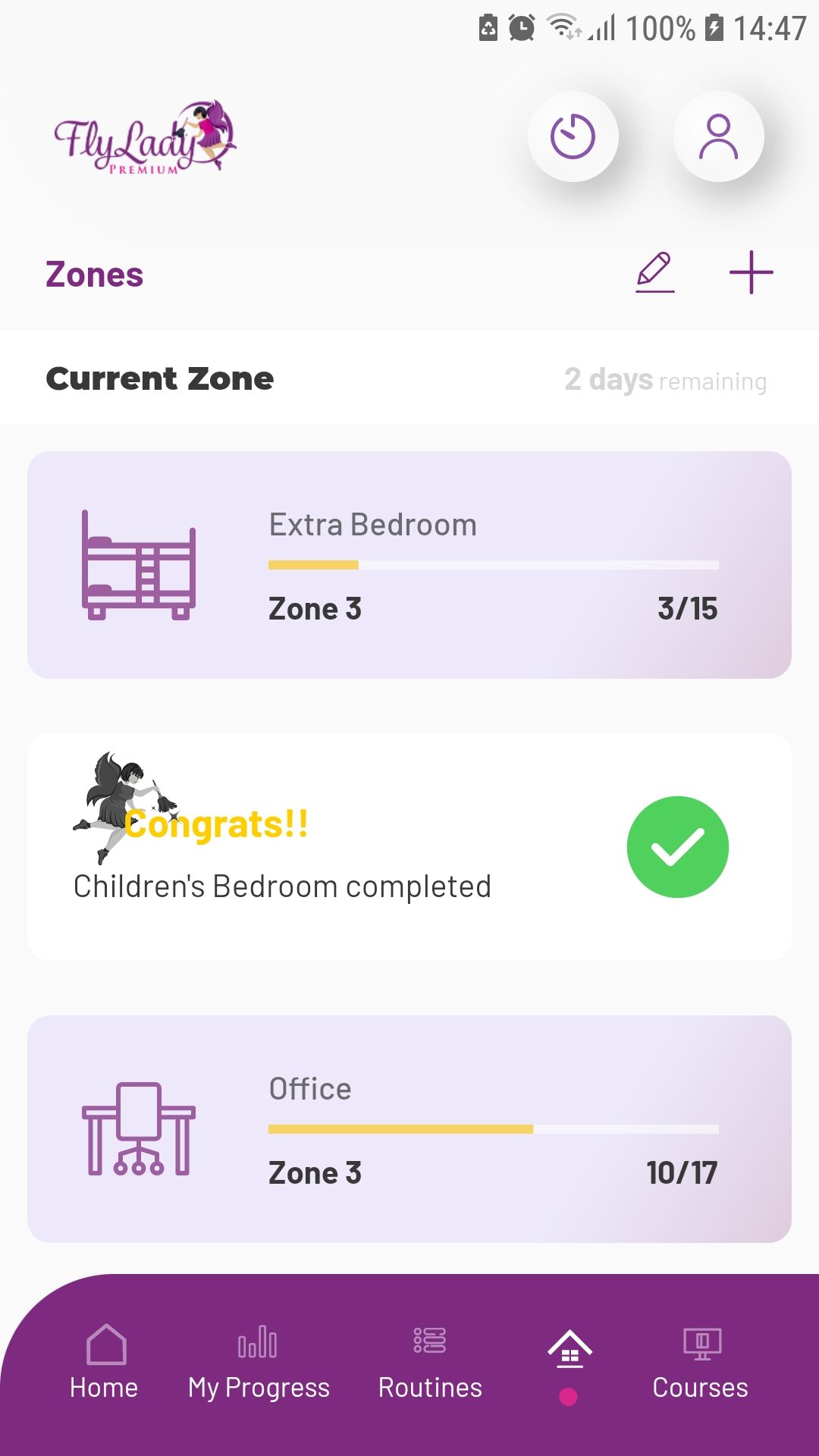 Zones de l'application mobile de nettoyage à domicile FlyLadyPlus