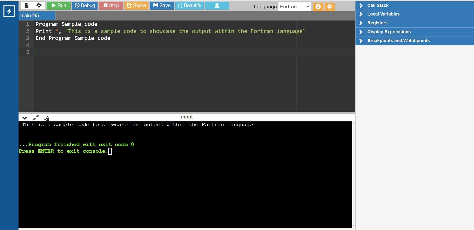 Código de amostra Fortran e saída em uma janela do compilador online