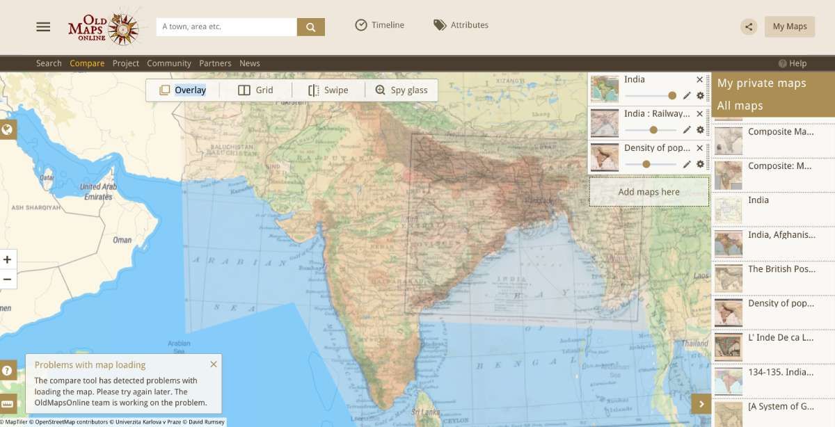 Old Maps Online có một loạt các công cụ tuyệt vời để so sánh các bản đồ lịch sử bằng cách xếp chúng lên nhau, đặt chúng cạnh nhau hoặc 