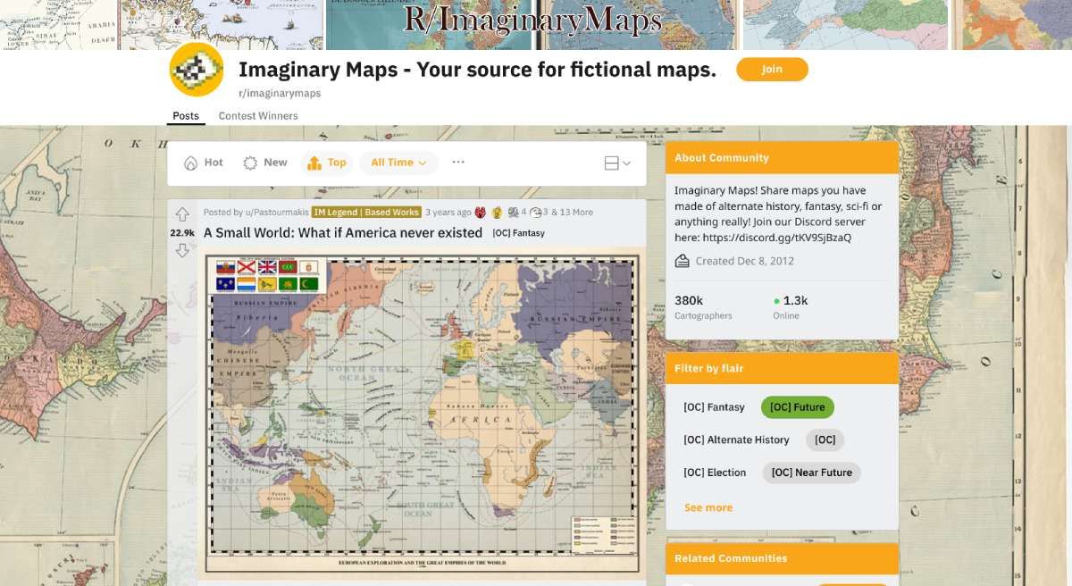 r/ImaginaryMaps là cộng đồng dành cho những người yêu thích bản đồ để chia sẻ bản đồ từ lịch sử thay thế, giả tưởng hoặc khoa học viễn tưởng