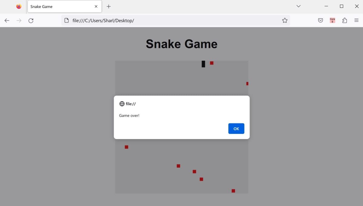 Game over alert in snake game