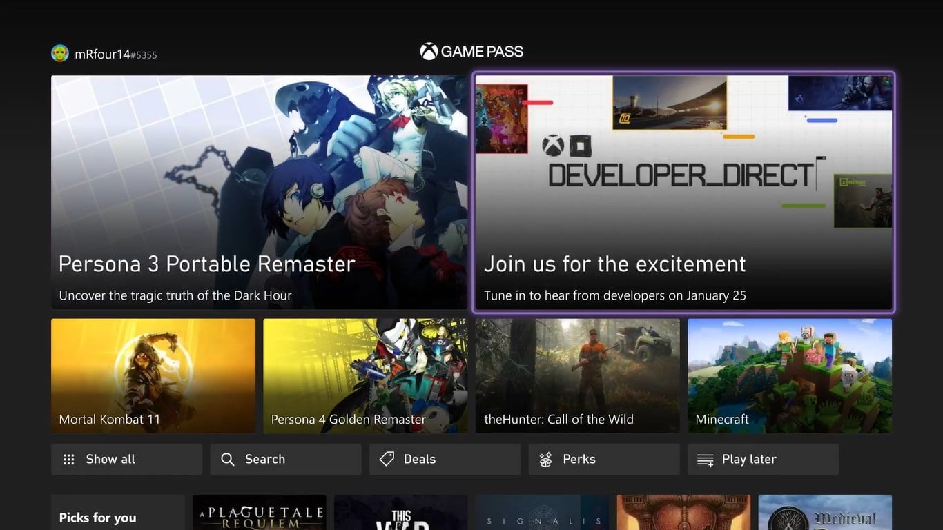 Une capture d'écran du menu principal du Xbox Game Pass sur une Xbox Series X.