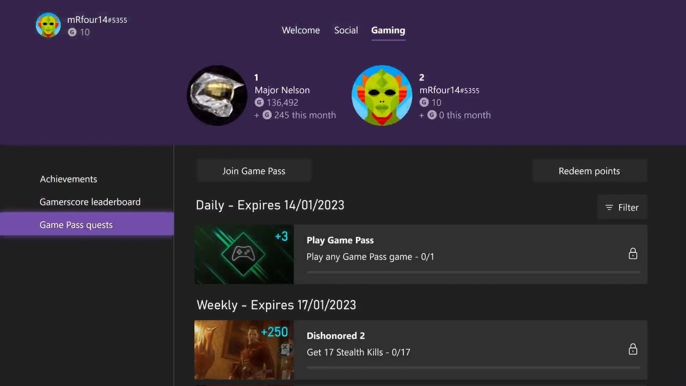 A screenshot of the main menu for Xbox Game Pass Quests on Xbox Series X