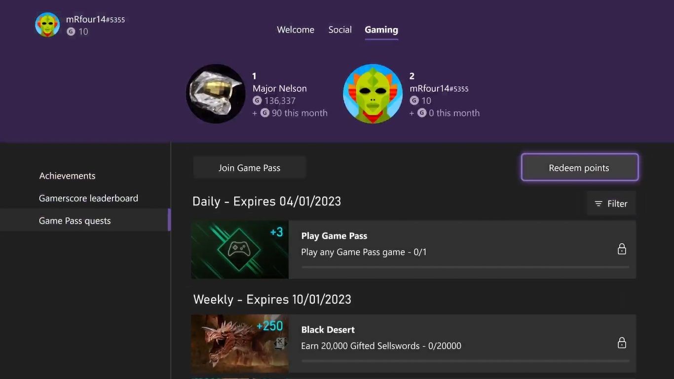 A screenshot of the Xbox Game Pass Quests home page on Xbox Series X with Redemption Points highlighted 