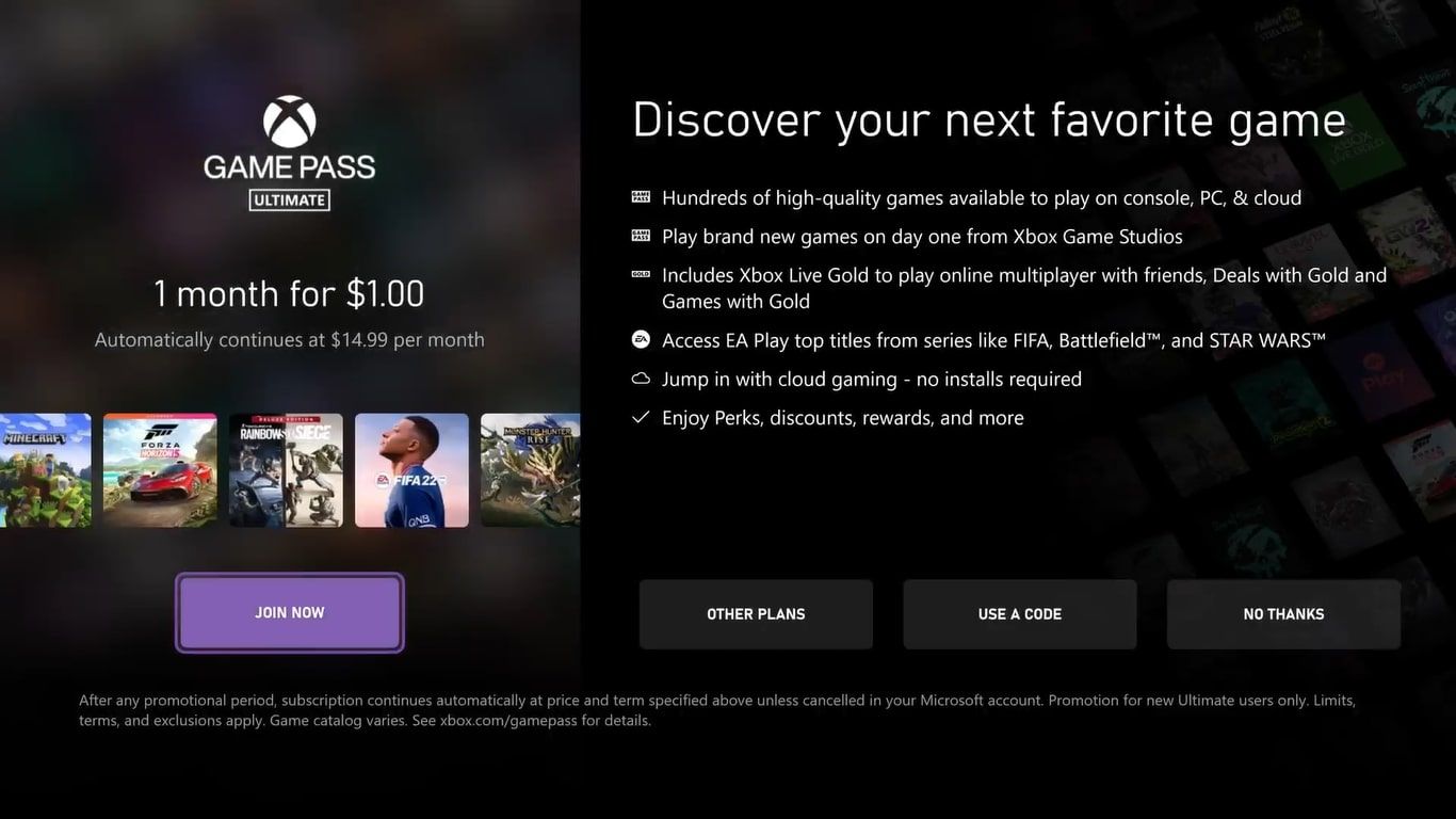 Une capture d'écran de la liste des abonnements pour Xbox Game Pass Ultimate sur Xbox Series X.