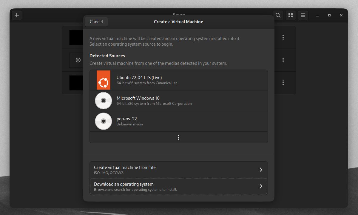 GNOME Boxes Create a Virtual Machine window