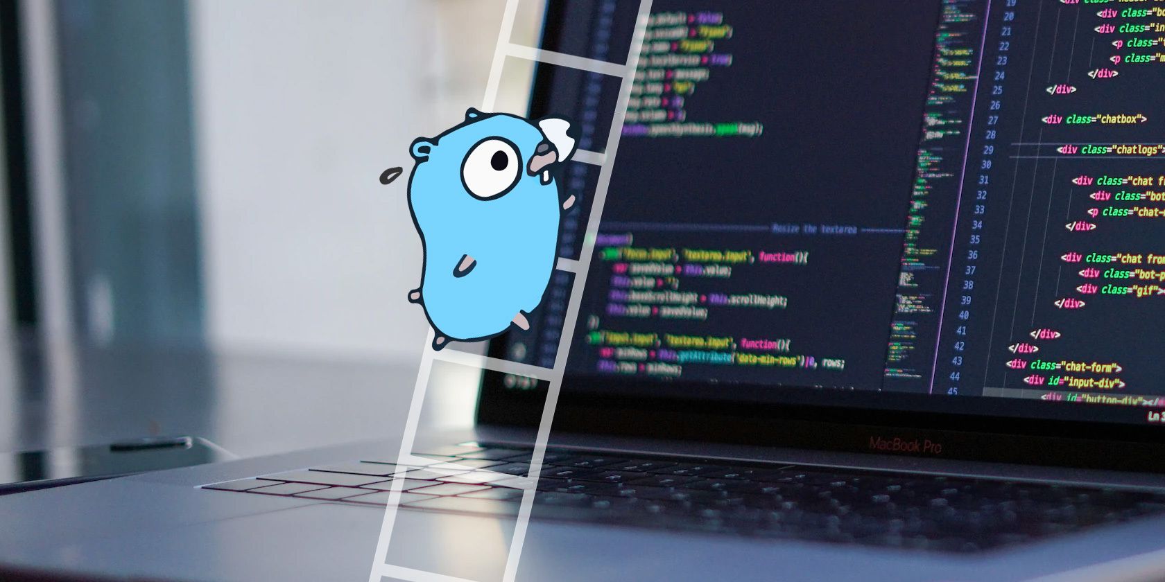 The Golang mascot, a blue gopher, climbing a ladder superimposed on a photograph of a laptop.