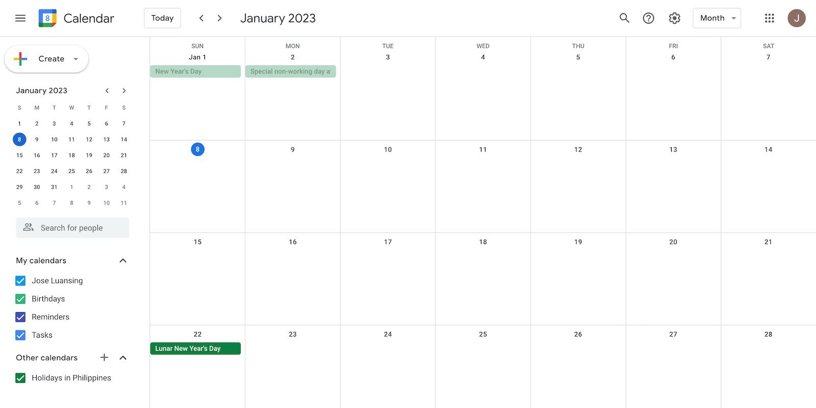 The Blank Google Calendar for January 