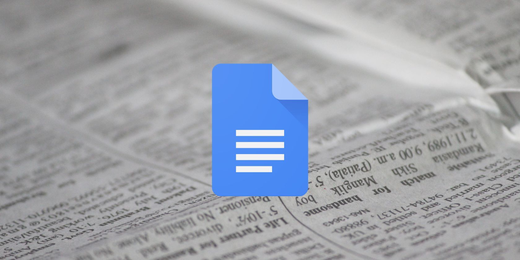 An image of the Google Docs logo in front of newspaper background