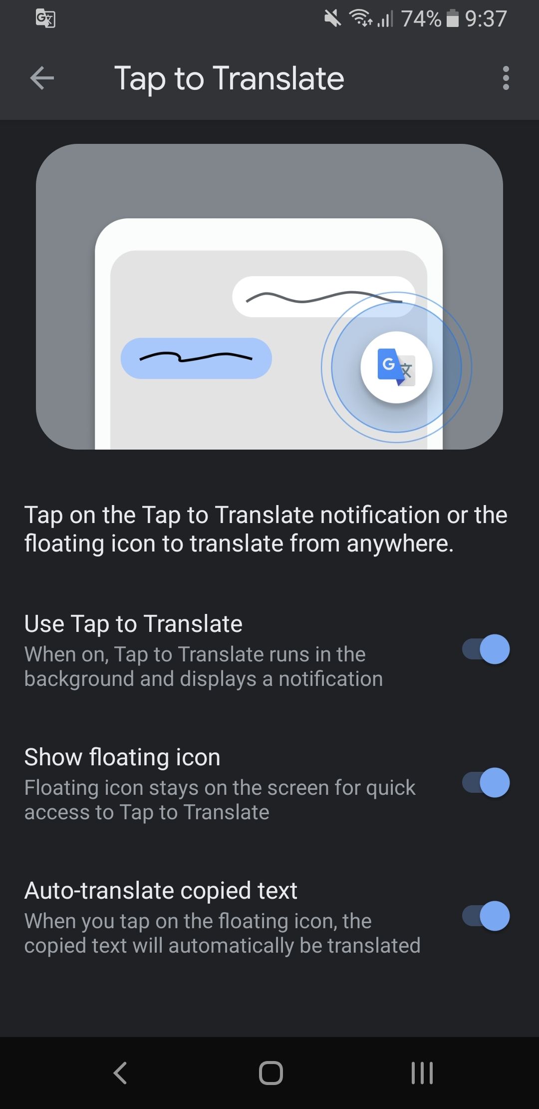 google translate tap to translate settings