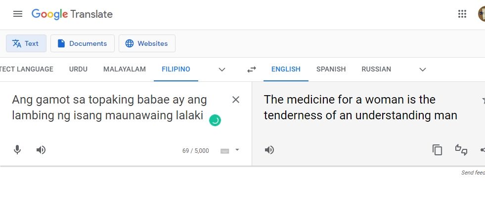 Google traduz texto filipino