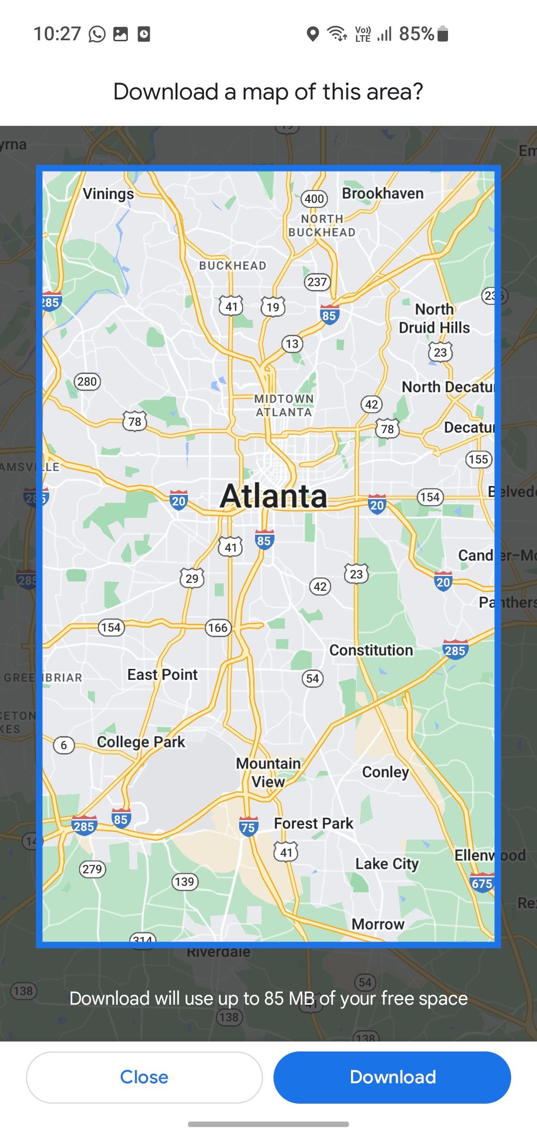 Screenshot of Google Maps offline download area for Atlanta, Georgia.