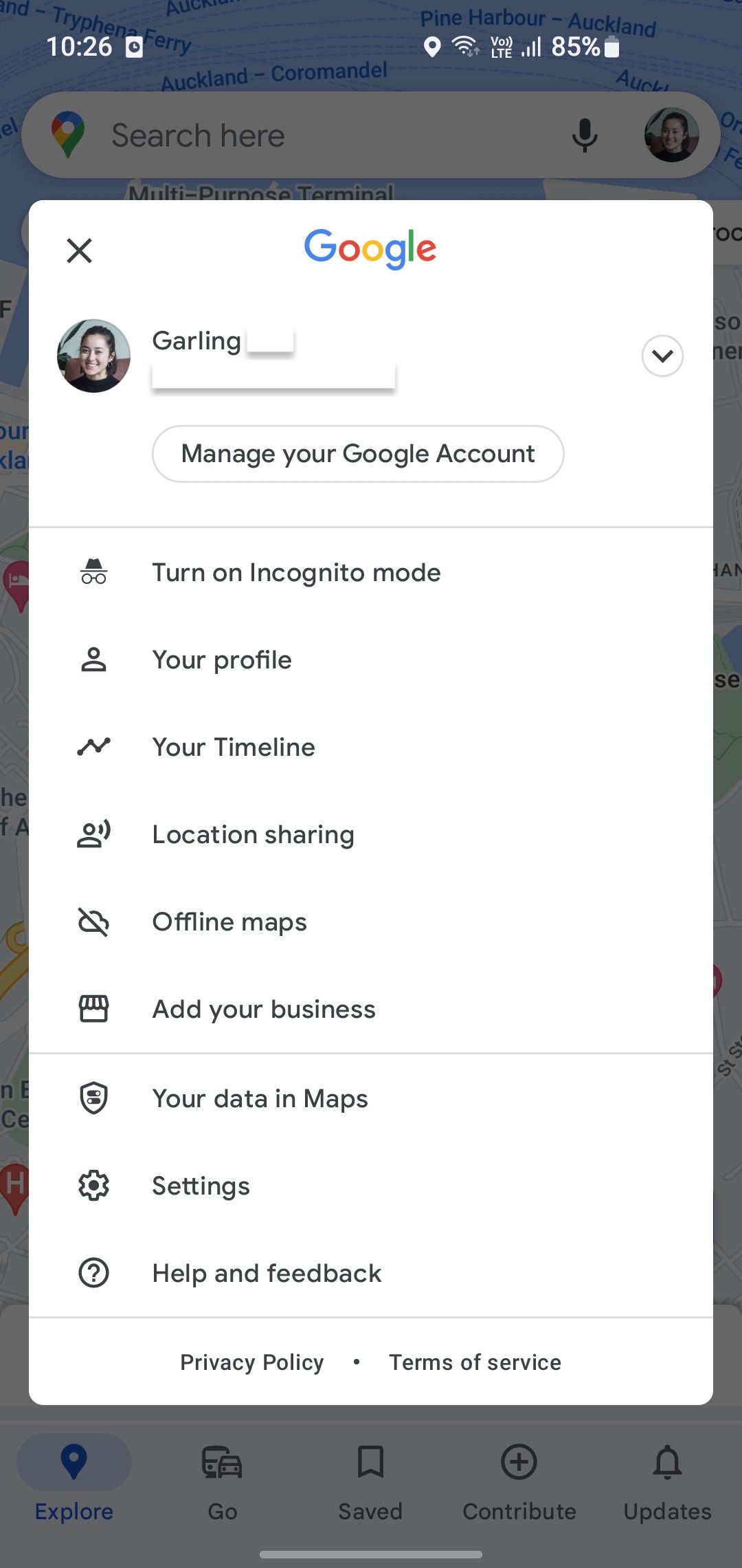 Screenshot of extended Google maps account menu.
