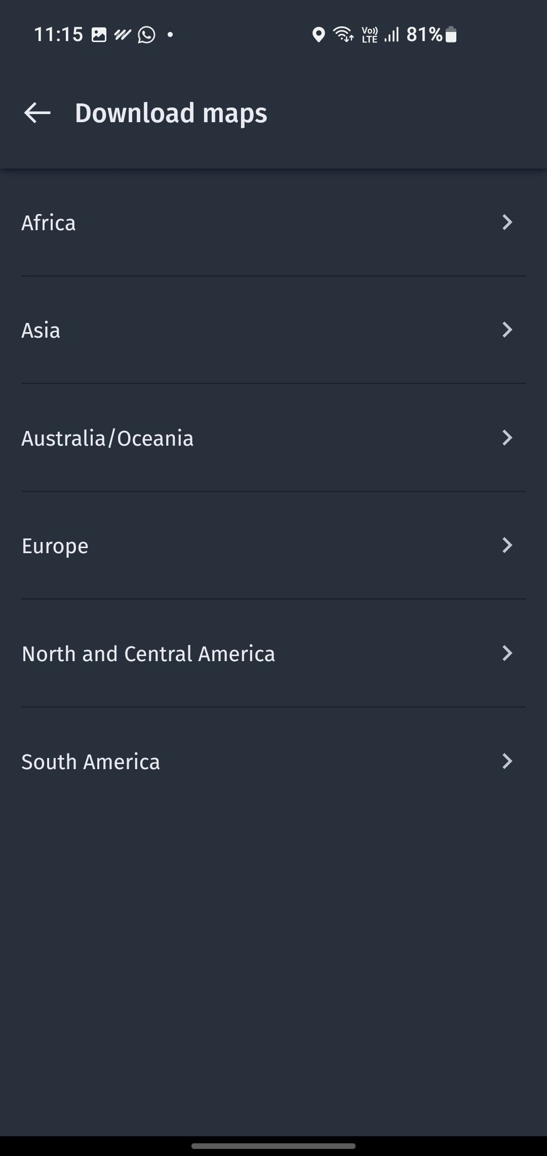 Screenshot of offline maps menu from the HERE WeGo app
