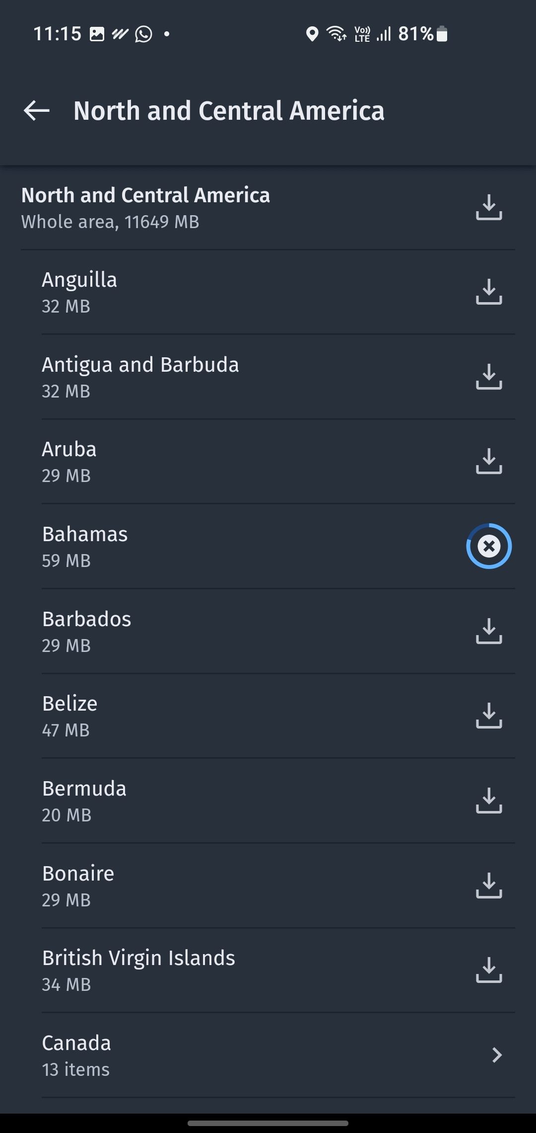Screenshot of North and Central America maps in HERE WeGo app