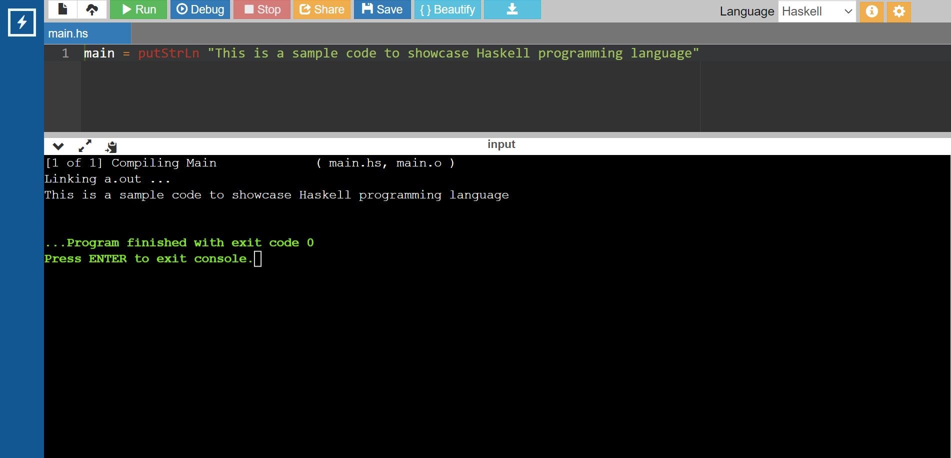 Código de ejemplo de Haskell y salida en la ventana del compilador en línea