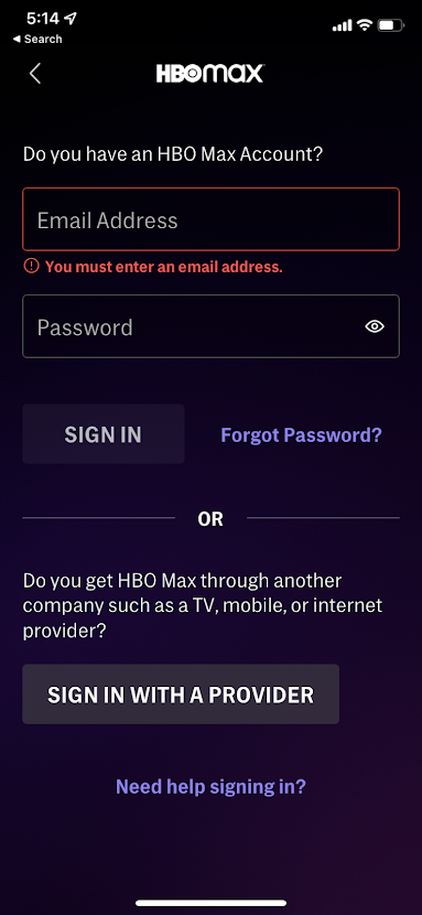 Enter your HBO account credentials