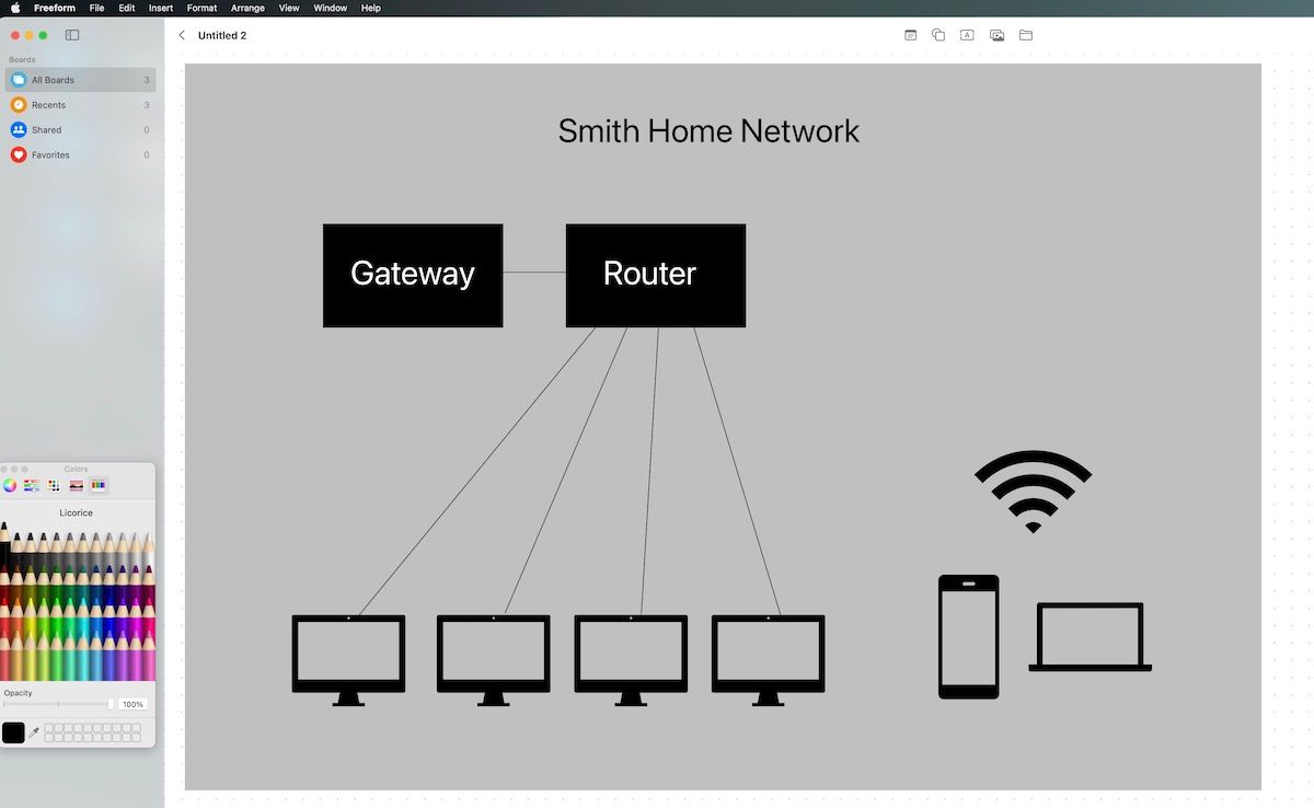 A flowchart of a home network with a gateway, a router, four desktop computers, an iPhone, and a laptop. 