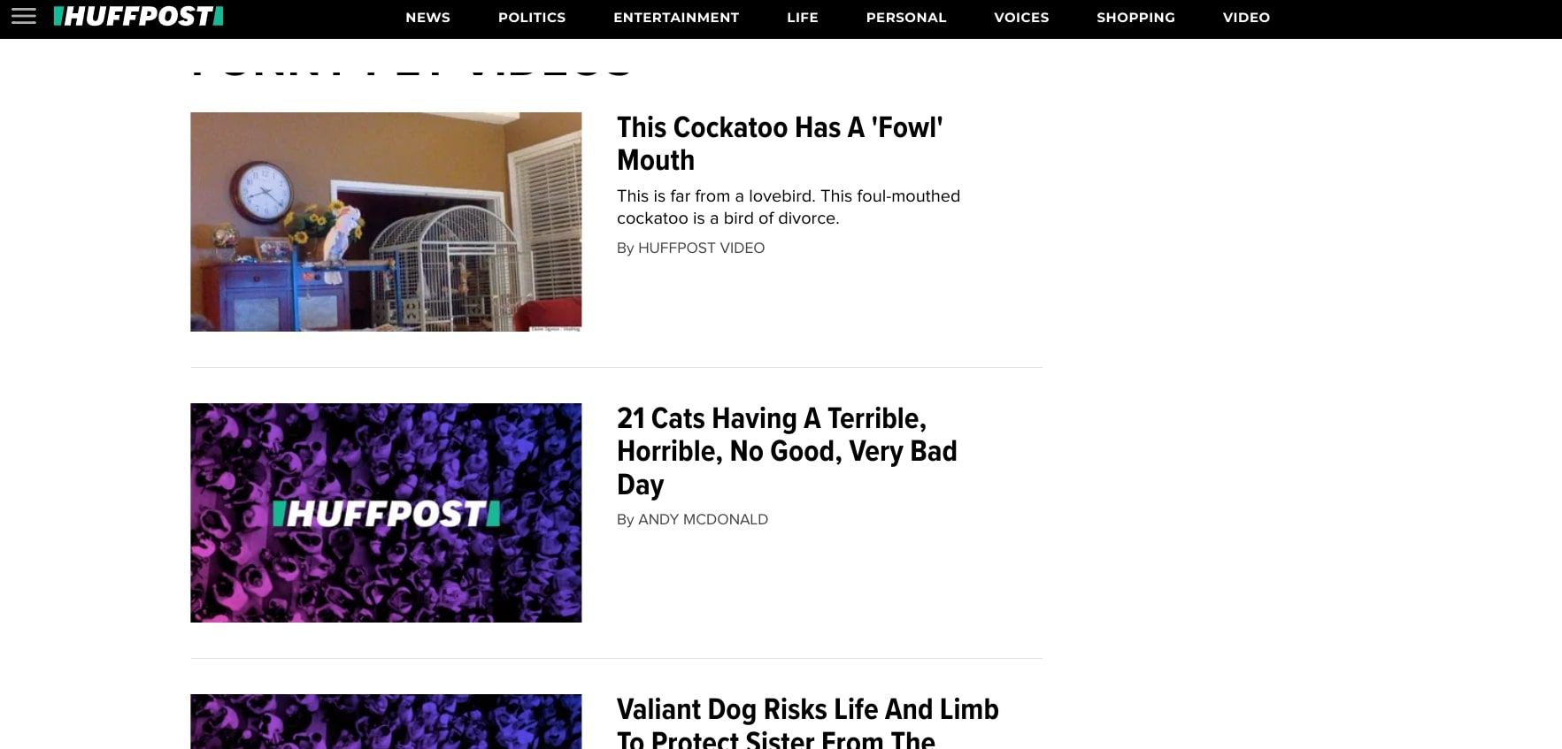 screenshot from huffpost's animal videos section