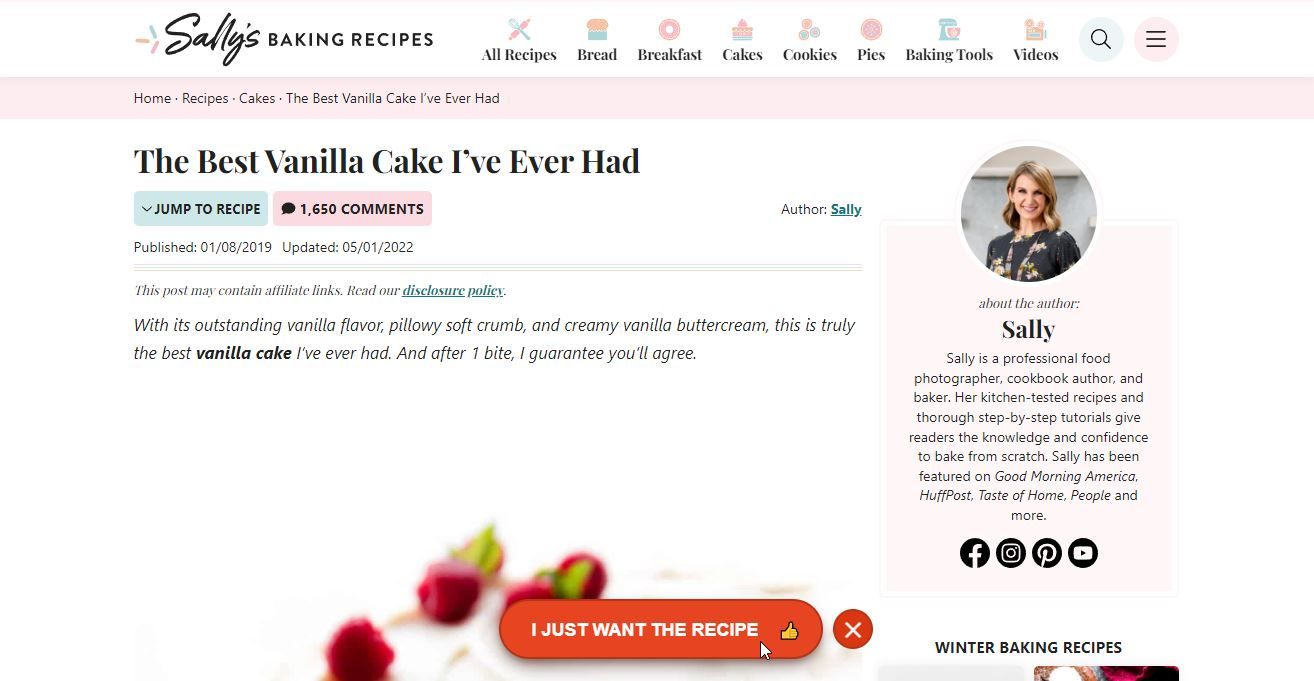 A screenshot of the I Just Want the Recipe Janet Chrome extension in use.