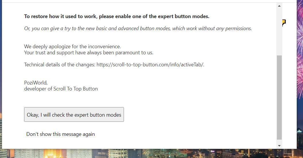 La opción Comprobaré los modos de botón experto