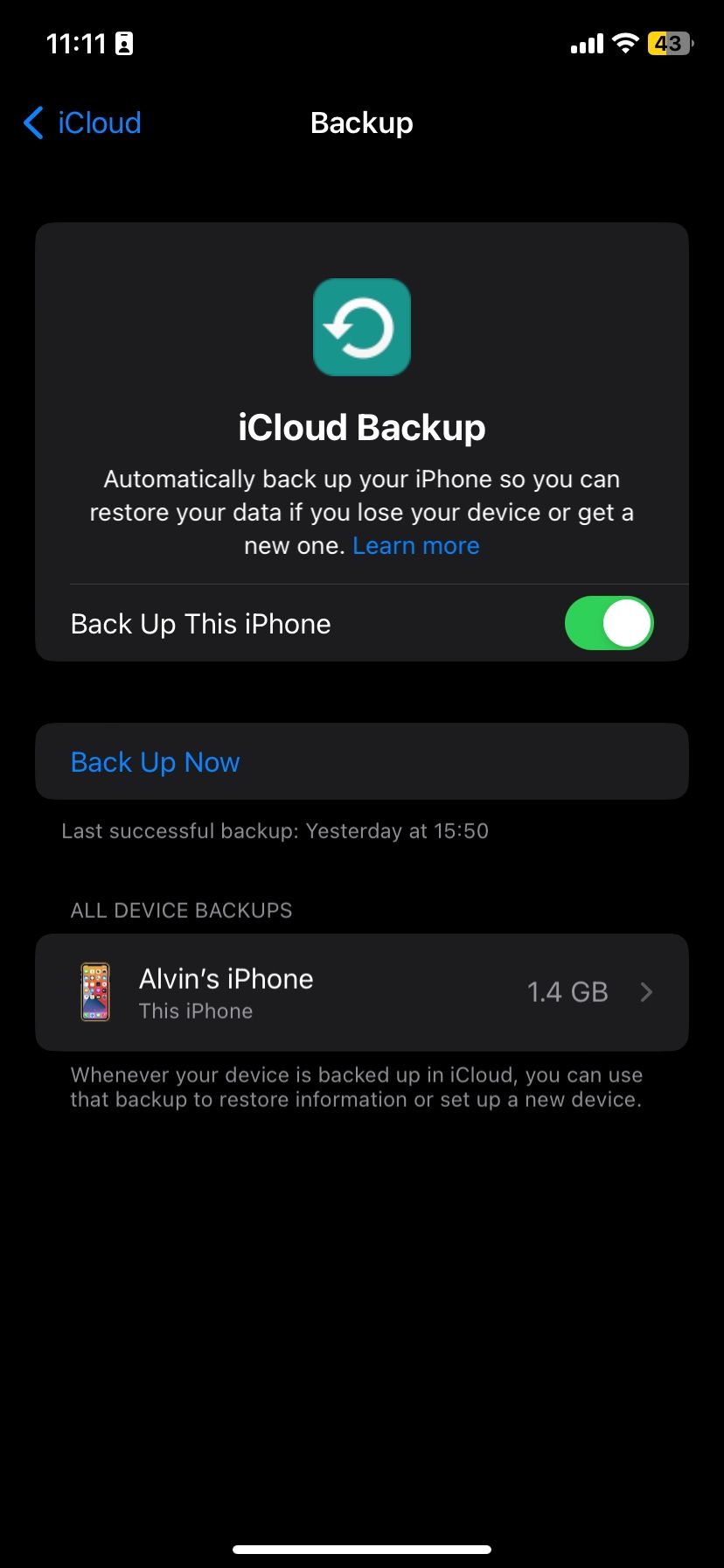 iCloud Backup toggle on an iPhone