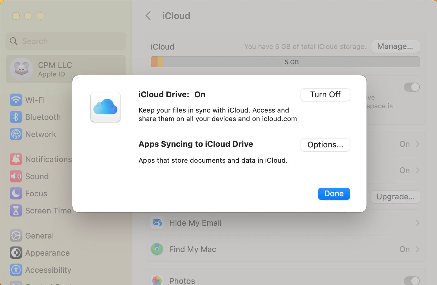 iCloud Drive en la configuración del sistema