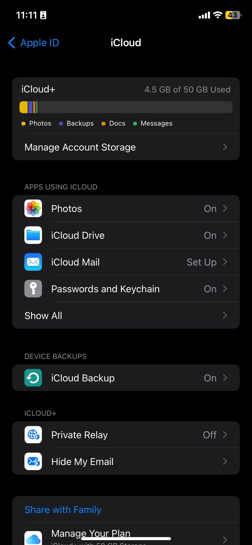iCloud settings options on iPhone