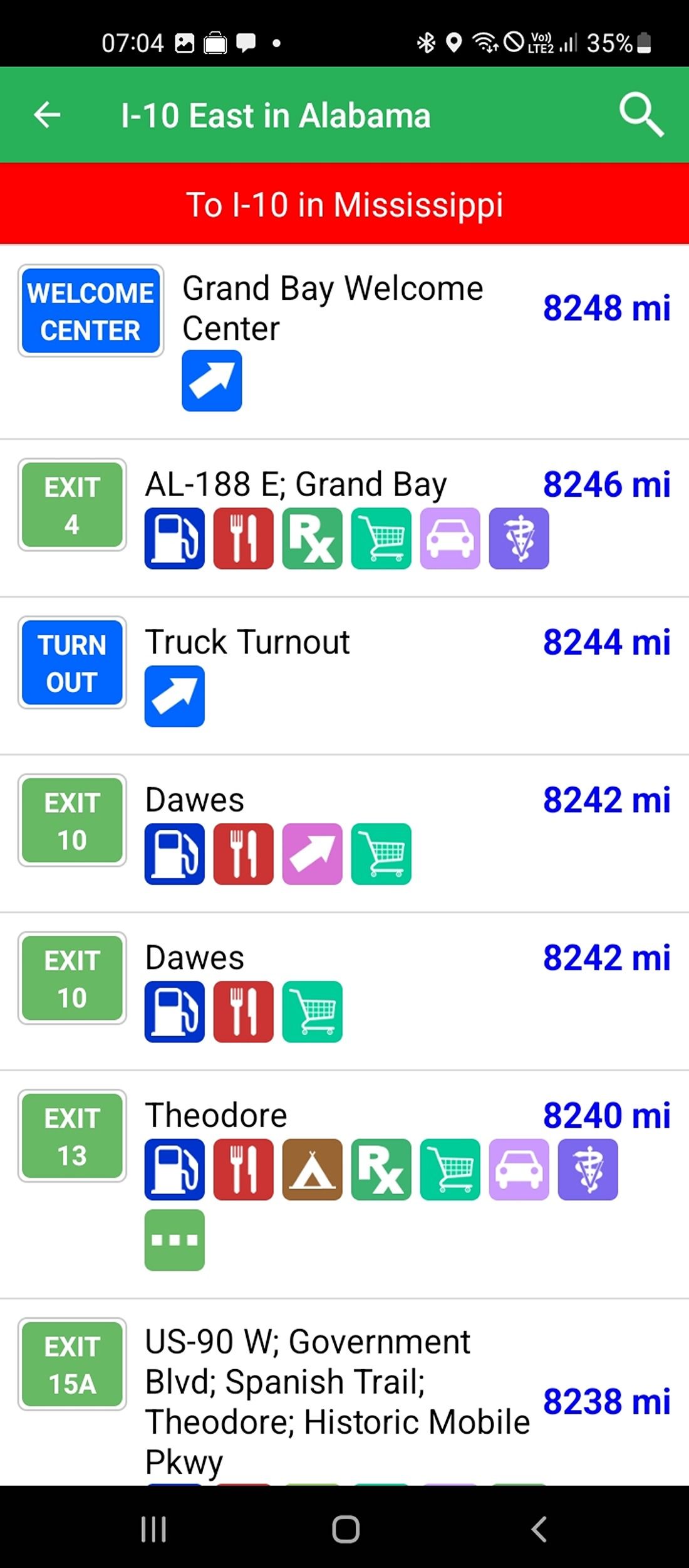 iExit2 interstate app reflecting city exits around Alabama