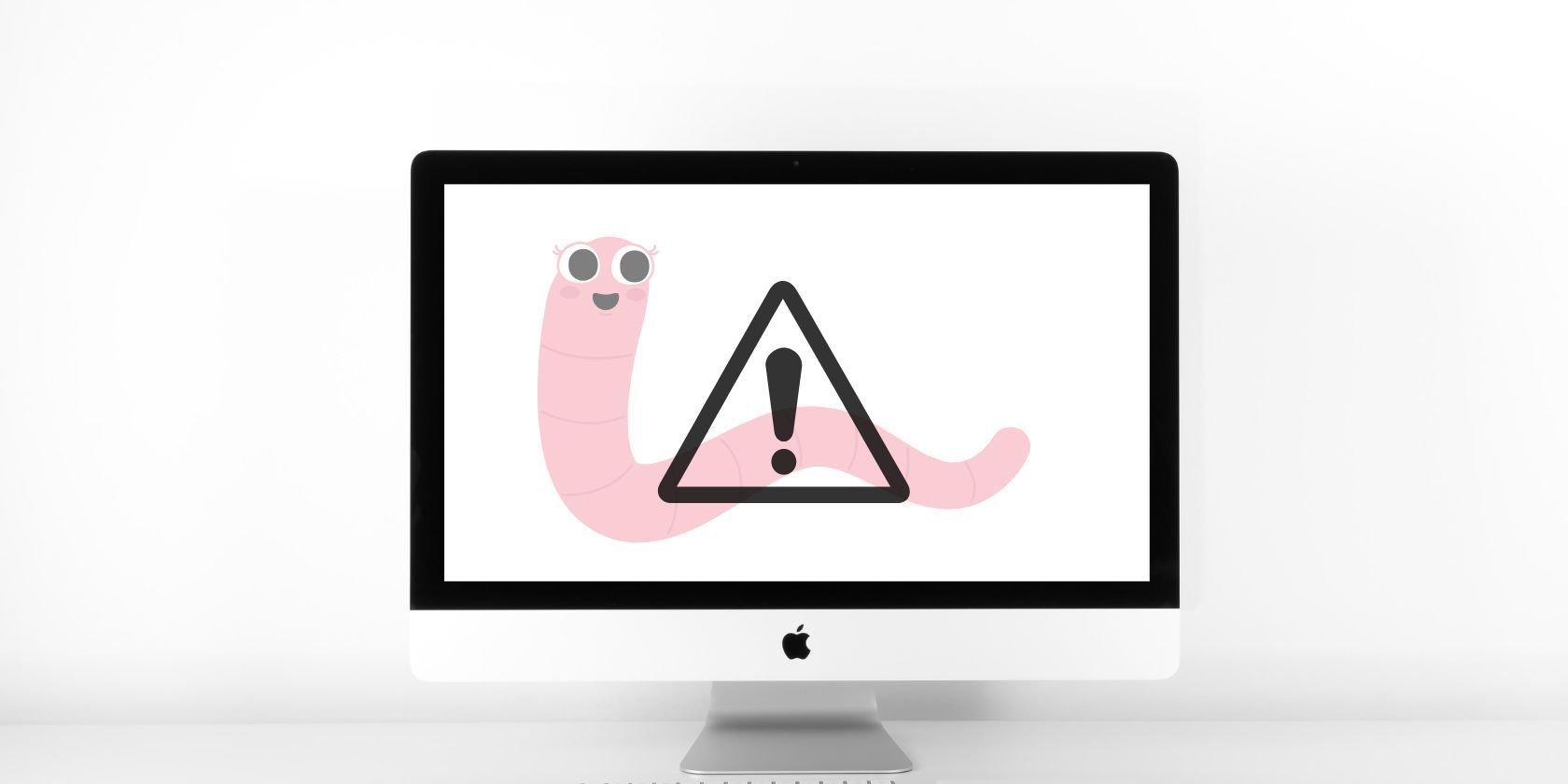 iMac with worm and caution on screen