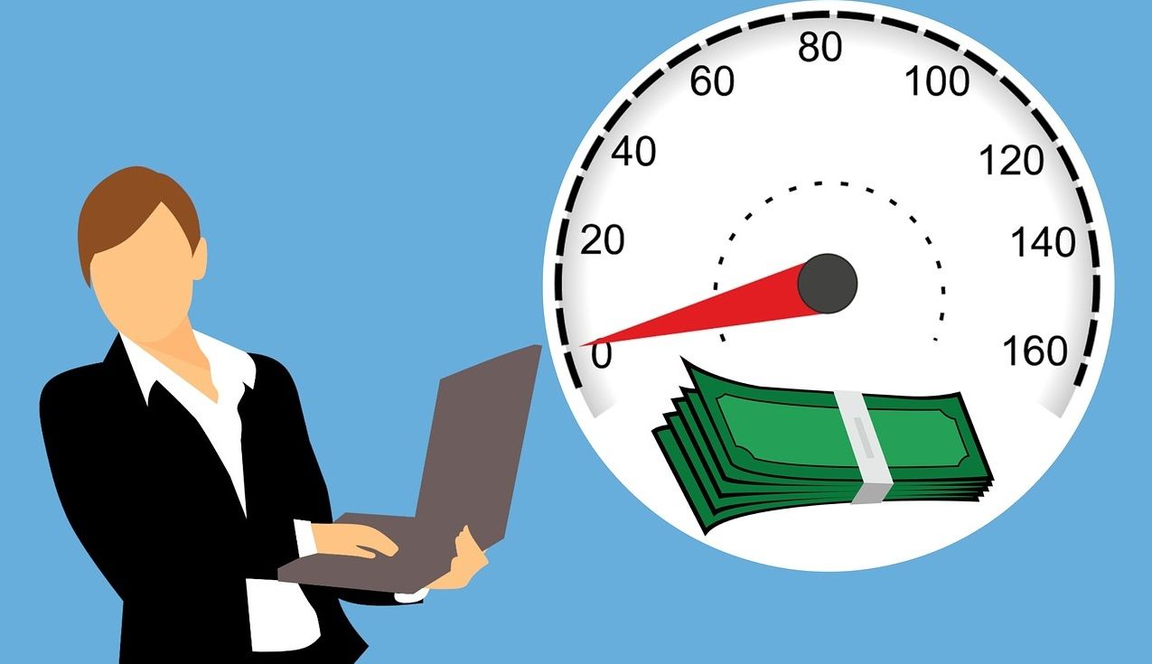 Image of a woman holding a laptop with a speedometer beside her