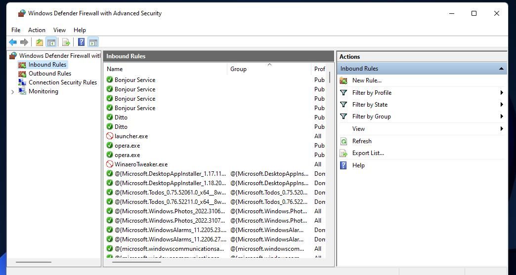 The Windows Defender Firewall with Advanced Security tool 