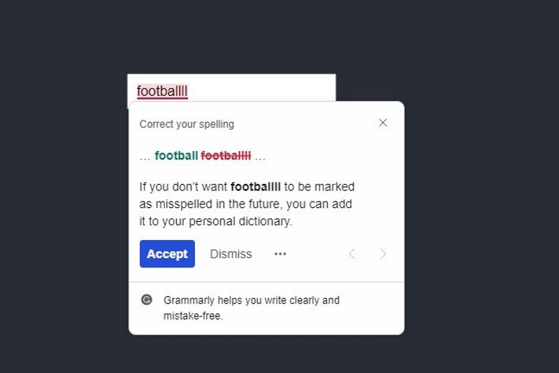 Input field with highlighted text input and Grammarly writing assistant activated
