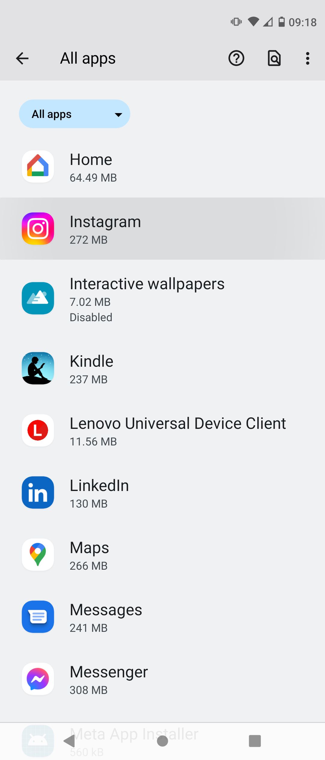 Instagram dans la liste des applications Android