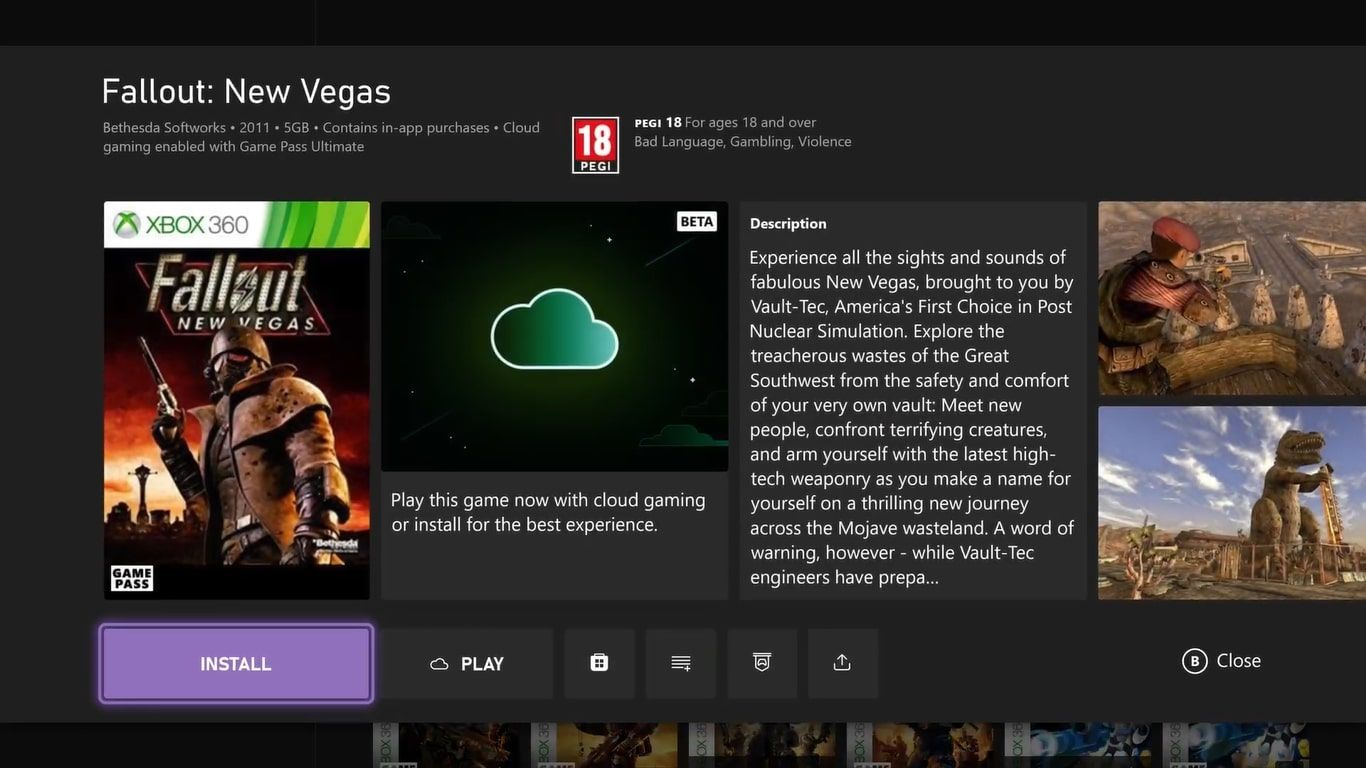 A screenshot of the store listing for Fallout: New Vegas through Xbox Game Pass on an Xbox Series X with Install highlighted 