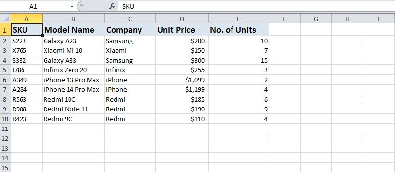 Excel list containing mobile phone models and their information 
