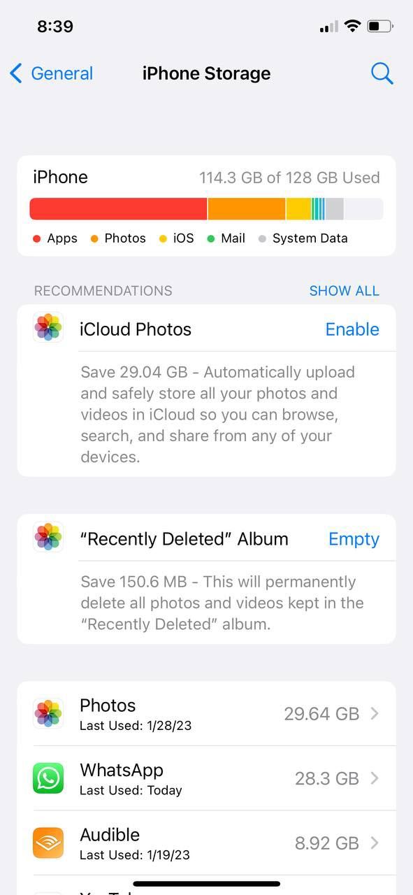 iOS Storage screen